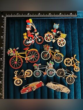 Lot 10 Bicycle Bike Car Brooch Pins Rhinestone Enamel Cyclist Vehicle Jewelry